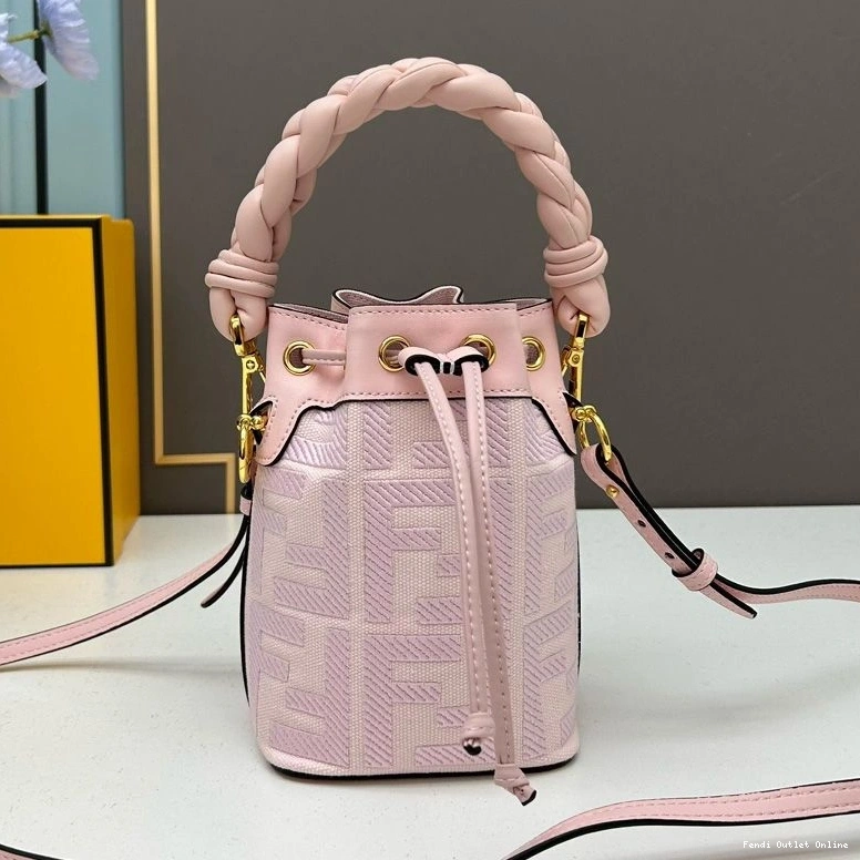 Cheap Woven Handle Fendi Canvas Bucket Mon Tresor FF In Pink Mini Motif with Bag 0731
